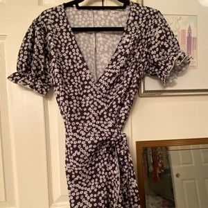 Blue and white floral wrap dress